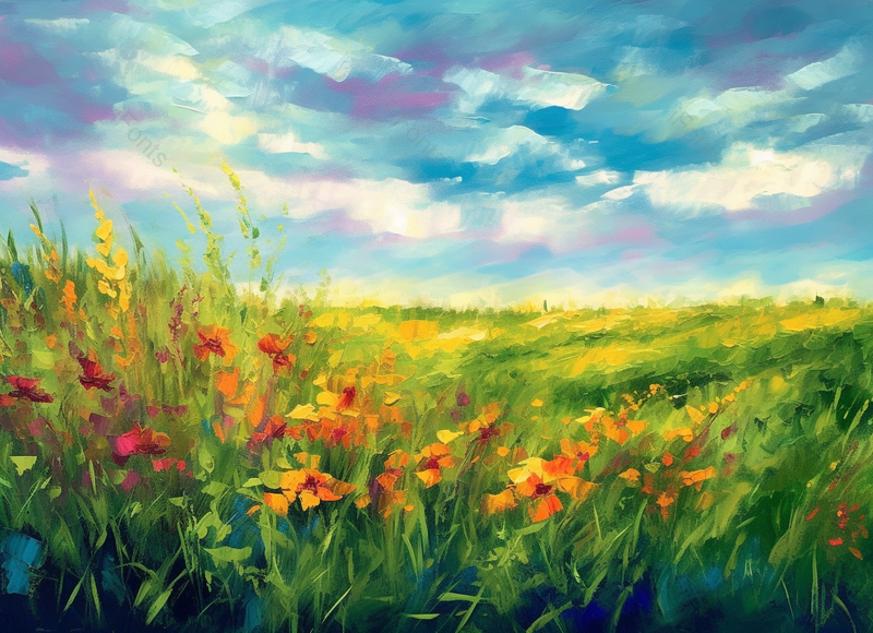 春天夏天天气晴朗绿色的草地上野花花簇花朵盛开手绘油画插画,插画/手绘图,插画/手绘图库,插画/手绘图下载,插画/手绘